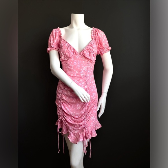 Sky to Moon Pink White Ditsy Floral Mini Cinched Dress Bodycon Retro Coquette M - Picture 2 of 8